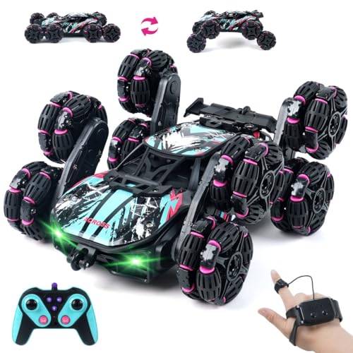 MagicKidz 8 Wheels Gesture Sensing Car for Kids Ages 5 6 7 8 9 10 11 12 - Birthday Gifts for Boys 5-7 8-12 Years Old, 2.4GHz Off-Road Remote Control Stunt Toy with Spray & LED Lights, 360-Degree Flips