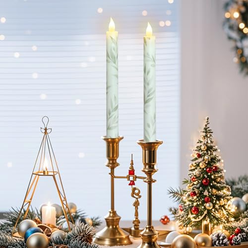 Image of Willow Leaf Flameless Taper Candles with Remote & Timer Real Wax LED Taper Candles Flickering Candlesticks Battery Operated Candle for Home Wedding Party Summer Fall Christmas Decor 2 Pack 9.6 inch