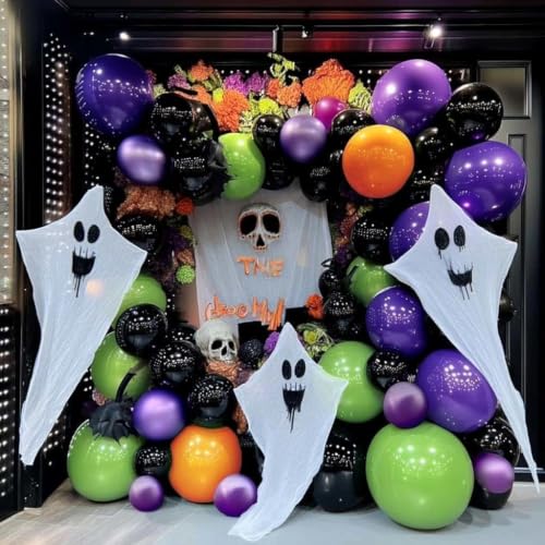Image of Black Purple Balloon Arch Double Stuffed Latex Orange Green Metallic Purple Black Balloon Garland for Halloween Thanksgiving Wednesday Birthday Vampire Retirement Prom Decor