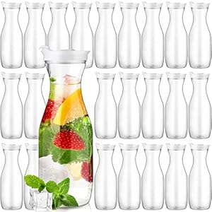 Gejoy 24 Pcs Plastic Carafe with Lids Plastic Juice Pitcher Carafes Clear Plastic Water Beverage Pitchers Smoothie Drink Containers for Bar Mimosa Milk Iced Tea Restaurants Schools Fridge Party, 32 oz