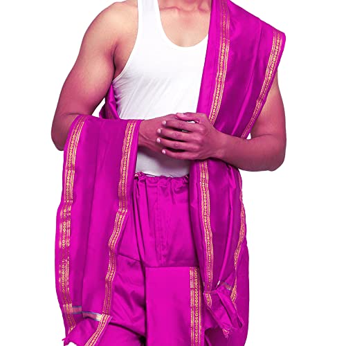 Image of Rameshwaram Fabrics Readymade Dhoti for Men, Velcro Style Stitched Mens Silk Dhoti Pant with Stole Set