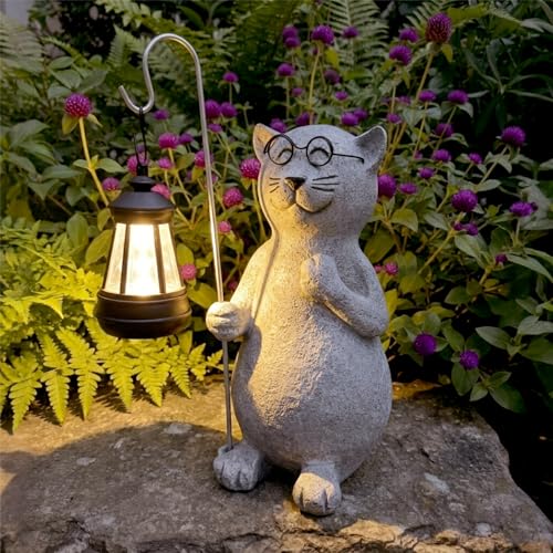 Image of lightsfever Animal Garden Statue with Solar Lantern, Cute for Patio,Balcony,Yard Decor, Lawn, Gift for Grandma (Gray Cat)