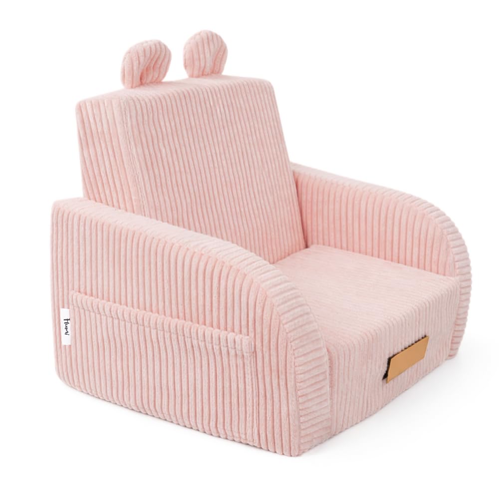 Flumi Kindersessel klappbar personalisiert mit Namen, Kindersofa ausklappbar mit Liegefunktion, Kinder Couch für Kinderzimmer (Cord rosa)