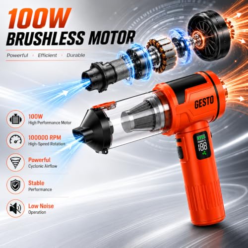 Image of Gesto Car Vaccum Cleaner, 4-in-1 Cordless Handheld Vacuum Cleaner & Air Blower, 18000Pa Portable Mini Vacuum Cleaner for Car, Sofa & Home, 100W Brushless Motor, 6000mAh Battery - 1 Year Warranty