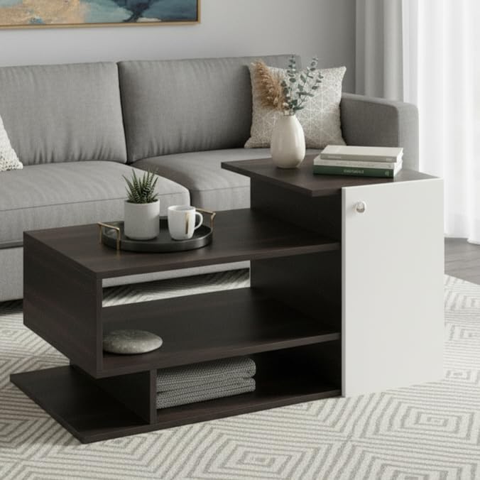 Image of FURNEASER Hanoi Modern Engineered Wood Coffee Table with Door & Storage Shelves | Center Table for Living Room & Sofa Area | Multi Level Open Rack Design | DIY Furniture (Wenge & White)