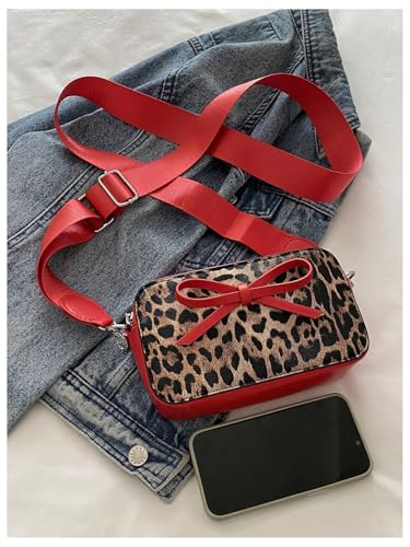 Women's Bowknot Leopard Crossbody Shoulder Handbags Adjustable Strap Zipper Purse Y2K Square Bags4