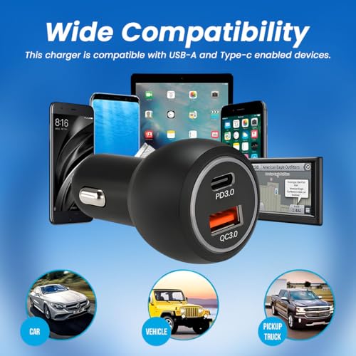 Image of MAK 80W Dual Port Fast Car Charger with Type-C & USB, LED Indicator, Metal Charging Adapter Compatible with iPhone, Samsung PD, PPS & Supports Dart, Dash, Warp, Vooc, SuperVooc 3.0 in Android (Black)