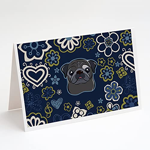 Caroline's Treasures BB5114GCA7P Blue Flowers Black Pug Greeting Cards and Envelopes Pack of 8 Blank Cards with Envelopes Whimsical A7 Size 5x7 Blank Note Cards