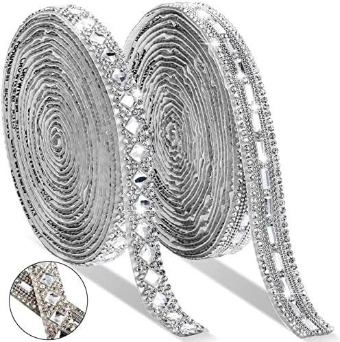 6 Yards Self Adhesive Rhinestone Ribbons 2 Styles Diamond Ribbon Crystal Ribbon Roll Bling Diamond Rhinestone Ribbon Crystal Car Sticker Gem Sticker for DIY Art Crafts Car Phone Decoration (Silver)