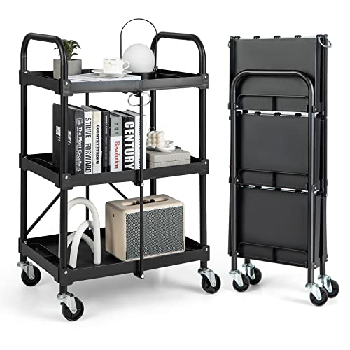 Goplus Folding Utility Cart, 3-Tier Rolling Tool Cart w/Lockable Wheels, Divided Storage Compartments, Collapsible Metal Service Cart Work Cart for Office Home, Garage, Kitchen, Black