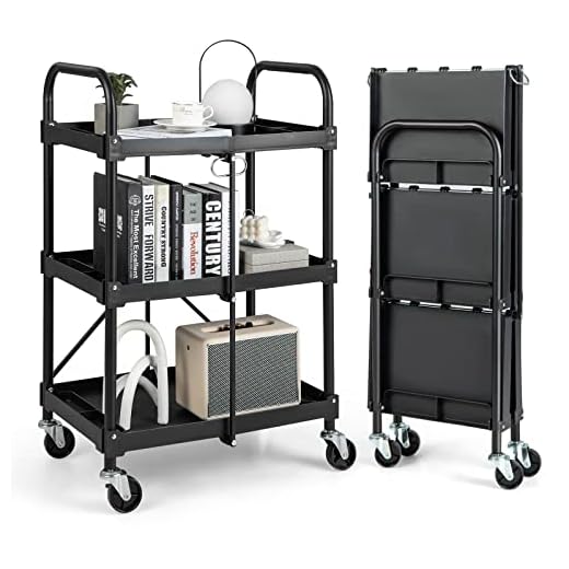 Goplus Folding Utility Cart, 3-Tier Rolling Tool Cart w/Lockable Wheels, 300LBS Capacity, Divided Storage Compartments, Collapsible Metal Service Cart Work Cart for Office Home, Garage, Kitchen, Black