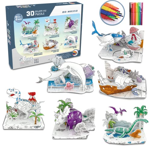 Fanbusa Puzzle For Kids Ages 8-10, 3D Coloring Dinosaur And Ocean Creative Diy Puzzle 6 Pack, Arts And Crafts For Kids 8-10, Coloring Set Toys With 8 Colored Pens For Boys Girls Ages 7+ Gift #TOP4