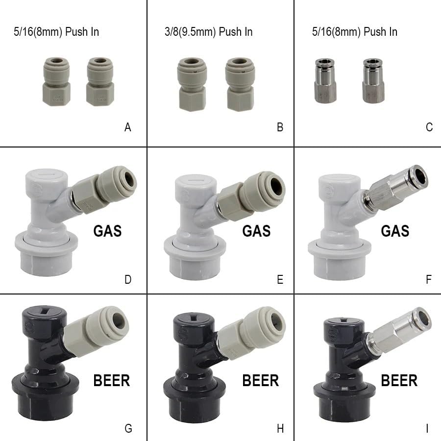 Ball Lock Gas & Beer Keg Disconnect with 8/9.5mm Push In Fitting Homebrew Draft Beer Corny Style Ball Lock Keg Dispenser(BEER 8mm)