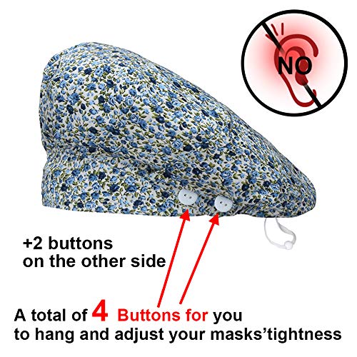 2 Pack Bouffant Cap with Button for Nurses and Doctors, Adjustable Working Hats for Women Men, One Size Working Head Cover (Blue Rose + Night Garden)
