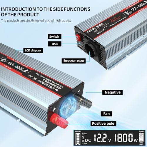 Miniatura 2 de Datouboss Inversor 12v 220v 230v Onda Sinusoidal Pura 1800w Convertidor De Voltaje Pico De Potencia 3600w Con Tomas Eu, Puerto Usb Y Pantalla Lcd Para Electrodomésticos Caravana Camión Camping, Gris