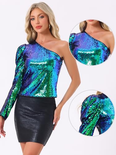 Allegra K Sequin Top for Women's One Shoulder Puff Long Sleeve Cocktail Party Shimmer Sparkly Tops2
