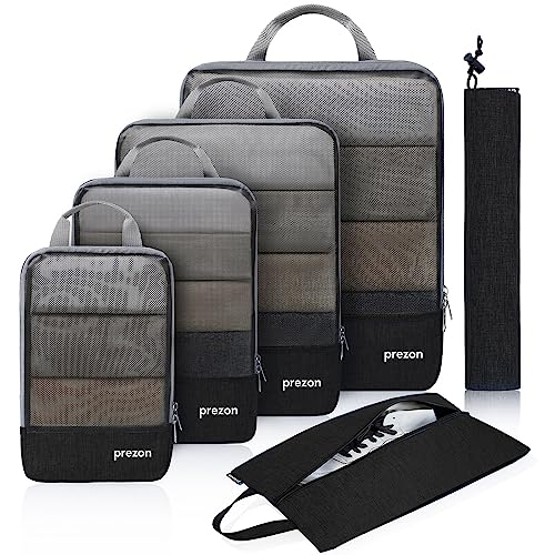 Prezon Set de 6 bolsas de almacenamiento compresibles e impermeables. Complementos para maletas (TPU y nailon), organizadores duraderos. Aptos para hogar, viajes, camping y gimnasio   Negro