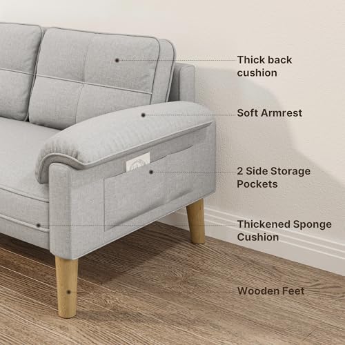 Xbro Sofa 2 Sitzer, 144 x 77 x 77 cm Kleine Couch 2 Sitzer mit Armlehne und Seitentasche, Modernes Stoffsofa für Wohnzimmer, Wohnung, Büro, Einfache Montage, Hellgrau