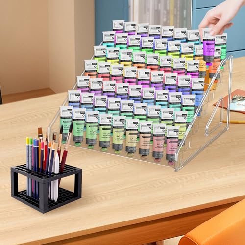Image of 7 Layers Clear Paint Organizer and Storage, Miniature Paint Holder Organizer with Paint Brush Holder, Craft Paint Rack Stand for Paint Tube, Ink Bottle, Nail Polish, Sunglasses (Plastic)