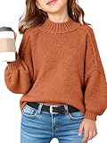 Haloumoning Girls Oversized Sweater Kids Batwing Long Sleeve Mock Neck Pullover Fall Clothes 5-14Y Brown