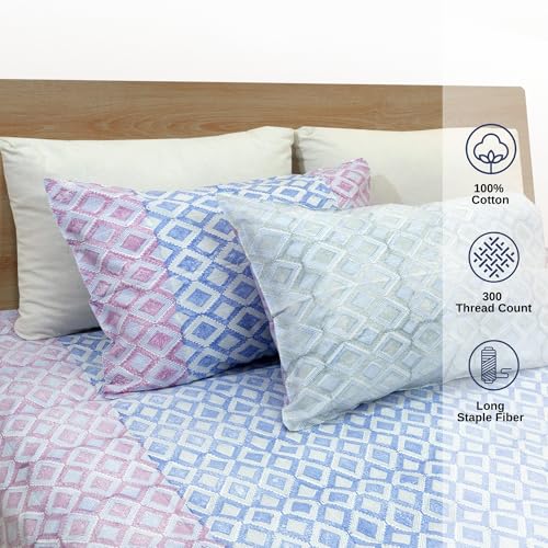Image of TOAI Hand Block Printed Bedsheet | Bed Spread Flatsheet Bed Sheet | Pure Cotton | Queen Size 90 inchx108 inch | 300 TC Long Staple Cotton | 2 Reversible Pillow Covers |Vintage Lines Checks |Blue Pink