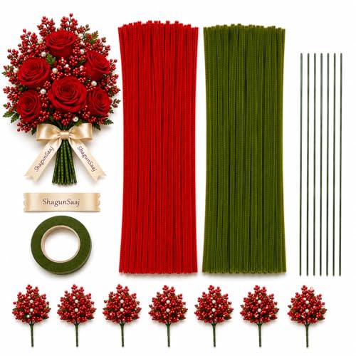Image of ShagunSaaj Pipe Cleaner for Bouquet DIY Craft Flowers Kit - Fuzzy Chenille Stems & Fluffy Sticks for Arts & Crafts, Creative School Projects, Kids Craft Supplies, Home & Party Decor (Red Bouquet Kit)