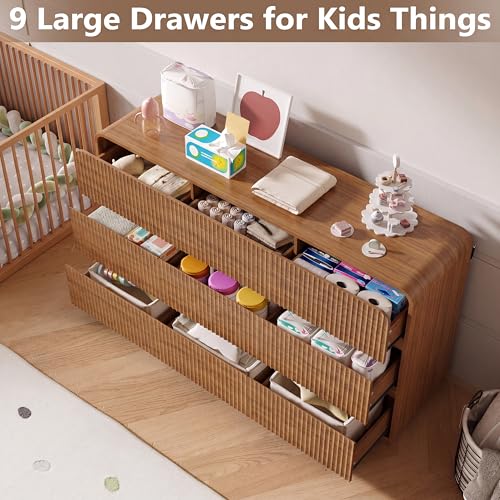 Image of BORNOON Dresser for Bedroom with 9 Drawers, Fluted Chest of Drawers with Round Curved Corner, Hidden Handles, Modern Wood Storage Organizer for Bedroom, Nursery, Living Room