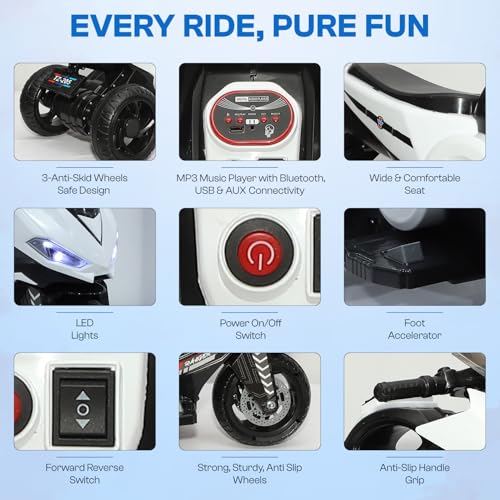 Image of Toyzone Ranger Electric Bike (White) | 6V Rechargeable Bike for Kids with 4.5Ah Battery | LED Lights, Music, MP3 /USB /BT | Smooth Acceleration | 6M Battery Warranty | Age 2-8 Years, Up to 35kg