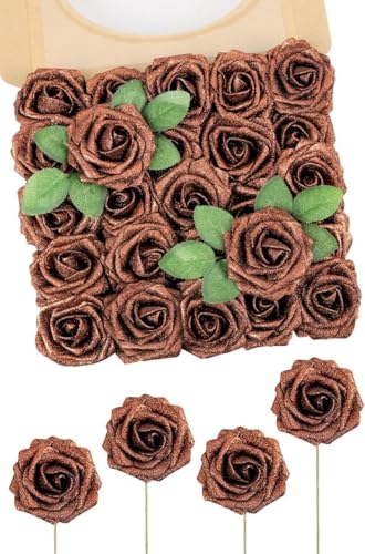 N&T NIETING Künstliche Glitter Blumen, 25pcs gefälschte Rosen DIY Blumen mit Stämmen für Hochzeit Sträuße Mittelstücke Arrangement Party Baby Dusche und Home Decor (Dunkelbraun)