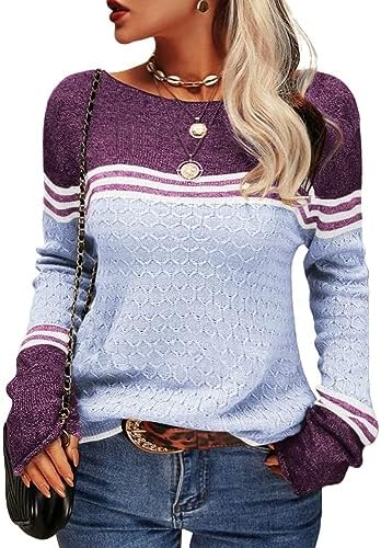 Tankaneo Damen Pullover Colorblock Langarm Rundhals Strickpullover | Langarmshirts,Häkelpullover,Gestreift,Slim Fit,Strickwaren,Tops,Casual,Sweatshirt,Obertiele,longpullover