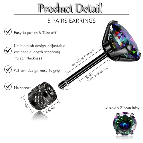 316L Surgical Stainless Steel Threadless Flat Back Earrings 2-6mm Hypoallergenic CZ Cartilage Earrings Studs Set Push-in Flat Back Stud Earrings Tragus Helix Piercing Jewelry for Women and Men2
