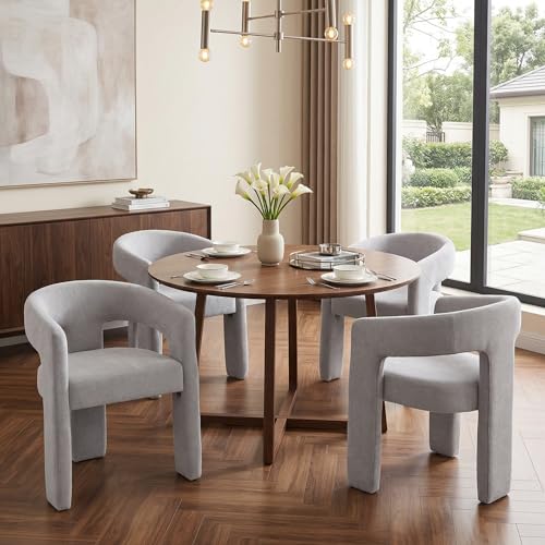 Image of HNY Modern Barrel Kitchen & Dining Room Chairs Set of 4, Chenille Upholstered Accent Chairs with Arm, 18.5'' Wide Side Armchairs Vanity Chairs for Living Room Bedroom Makeup Small Spaces, Grey