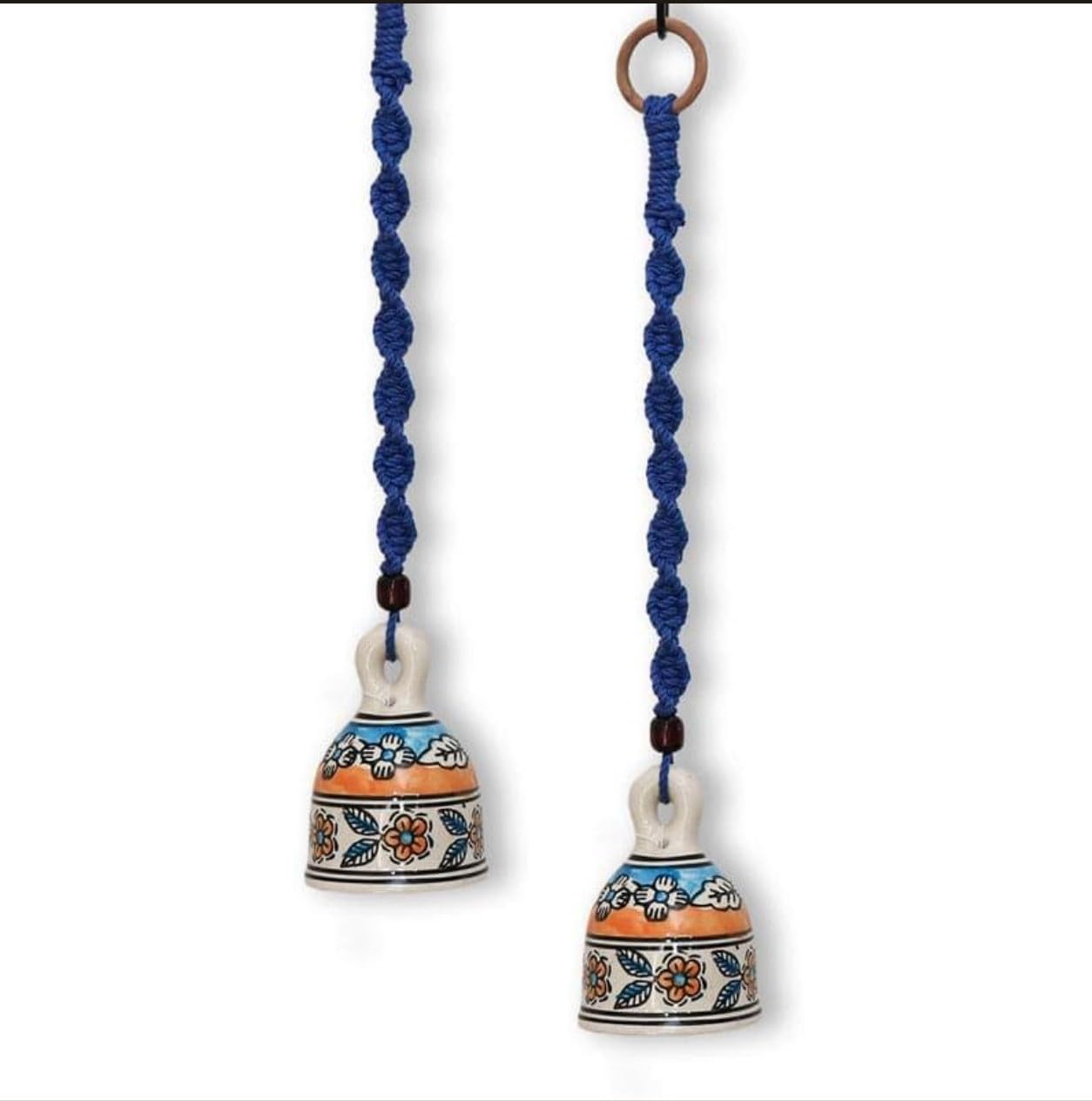 Shopping Shots Flora Ethnic Festive Ceramic Bell Hand Painted with Macrame Rope- Set of 2 Blue Colour with Ceramic Hand Painted Hooks-image-26