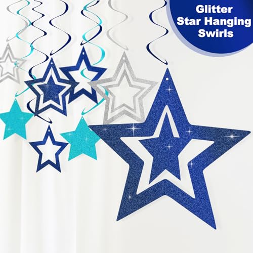 Image of Blue White Birthday Party Decorations Supplies Happy Birthday Banner Honeycomb Balls Fringe Curtain Foil Balloons Hanging Swirls Cake Topper Tablecloth Party Supplies for Boys Men