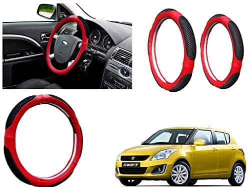 Image of Microfiber Car Steering Wheel Cover, Soft Padding Great Hand Feel, Anti-Slip, Faux Leather Steering Cover for Maruti Suzuki Swift Type4 | Black Red Jali - Pack of 1