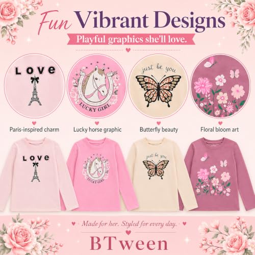 Image of BTween Girls 4 Pack Long Sleeve Graphic T-Shirts Cotton Blend, Fun Vibrant Designs