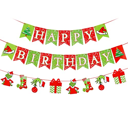 Red & Green Christmas Happy Birthday Banner, Happy Birthday Merry Christmas, Grinch Christmas Birthday Party Decorations, Merry Birthday Decorations, Christmas Birthday Decorations for Home Office Fireplace Mantel
