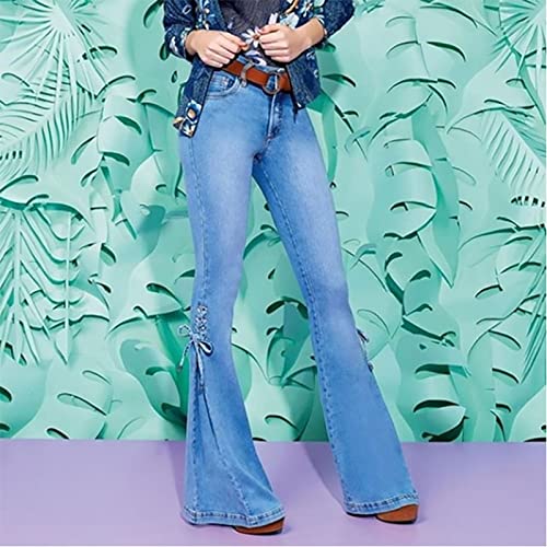 Women's Lace-Up High Waisted Bell Bottom Jeans Stretchy Slim Fit Flare Wide Leg Denim Pants Trousers4