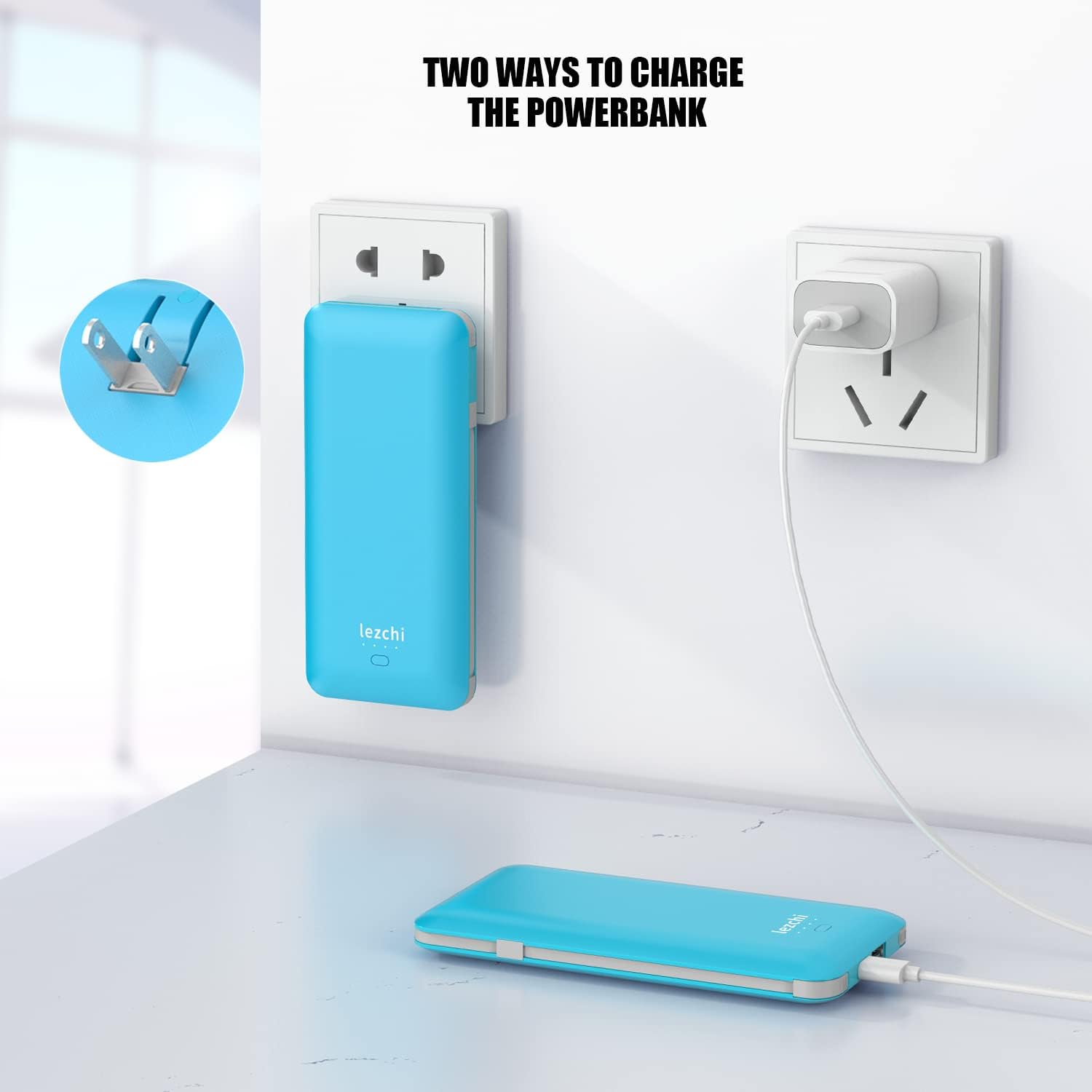 10000mAh Portable Charger,Slim USB C Power Bank,4 Output Extenal Battery Pack Phone Charger with Built-in Three Cables AC Wall Plug Compatible with All mobilephone …