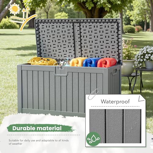 Image of Greesum 230 Gallon HDPE Outdoor Storage Box with Removable Dividers, Weatherproof Oversized Deck Box for Patio, Garage, Garden, Gray