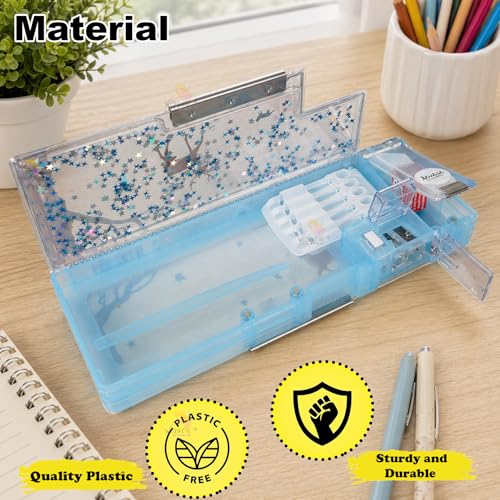 Image of WISHKEY Pencil Box for Kids, Cartoon Themed Pencil Box with Dual in-Built Sharpener, Spacious Stationery Case for School Students, Dual Compartment Box with Magnetic Lock (Pack of 1, Assorted)