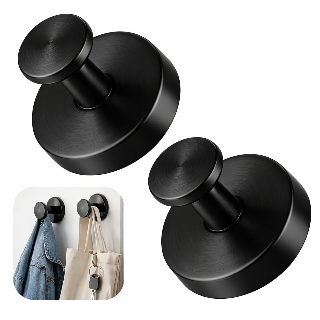 2Pcs Suction Hooks Suction for Bathroom & Shower, Heavy Duty Suction Cup Hooks for Hanging Towels, Gold Stainless Steel Vacuum Hooks, Removable No Drilling Suction Hooks for Kitchen, Curtain (Black)