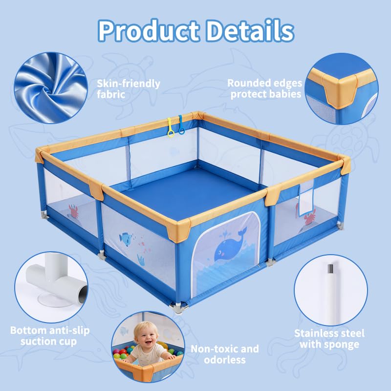 Baby Playpen for Toddlers: 6.56x6.56 ft Kid-Safe Enclosed Play Yard | Non-Slip Base, Breathable Mesh - Easy-Portable for Indoor & Outdoor Baby Play Spaces - Blue