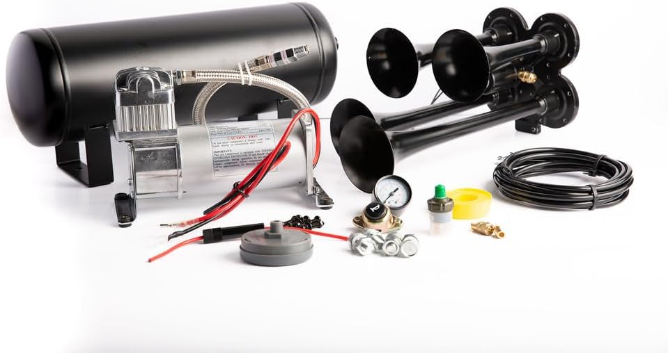 Viking Horns | Universal Fit | Very Loud 149dB Train Air Horn Kit (Black Horns) | 1.5 Gallon Tank | 150 PSI Heavy Duty Compressor | [V101C-3/4008B]