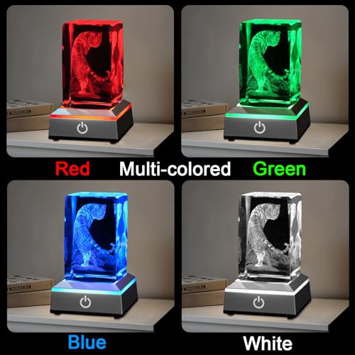 Image of 3D Tiger Crystal Night Light with Multicolor LED Base Glass Laser Engraved White Tiger Lamp Figurines Gifts for Boys Girls Lovers Birthday Christmas Room Decor