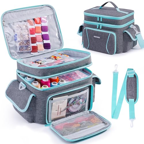 AMOIGEE Double-Layer Sewing Storage Bag – Sturdy Sewing Organizer Tote with Shoulder Strap, Elastic Loops & Adjustable Dividers for Sewing Supplies, Tools & Accessories – Versatile Sewing Box & Basket