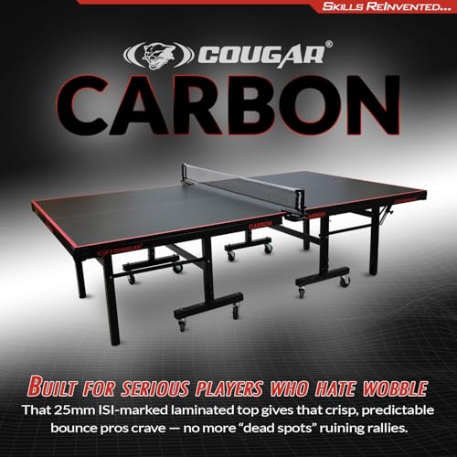 Image of COUGAR Carbon Table Tennis Table, 25mm ISI Marked Laminated Top, Heavy-Duty 2x2 Frame, 100mm Wheels with Lock, Powder-Coated Pipe, Ideal for Home, School, and Club Play