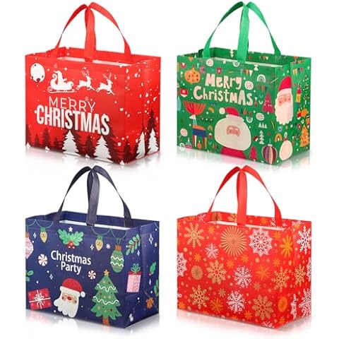 TONESPAC 16 PCS Large Christmas Gift Bags with Handles, Reusable Christmas Non-Woven Tote Bags for Holiday Gift Giving Christmas Party Treat Bags (Mix Pattern, 12.8 x 9.8 x 6.8 inch) Cover