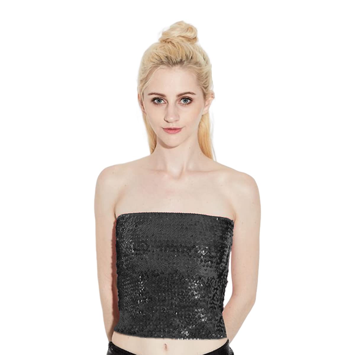 Samheng Women's Black Sparkly Tube Top, Glitter Sleeveless Party Club Tank Top, Non-Padded Stretchy Bandeau Bra Strapless Sequin Mermaid Crop Tops Bandeau For Party Clubwear,