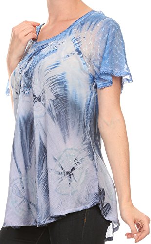 Sakkas 16480 - Taylay Ombre Tie Dye Batik Long Embroidered Corset Neck Blouse Shirt Top - Indigo - Os #TOP3